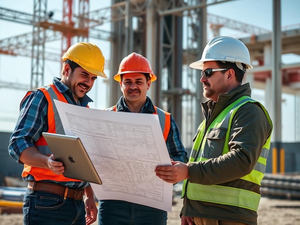 Engenheiros analisando projetos em obra
